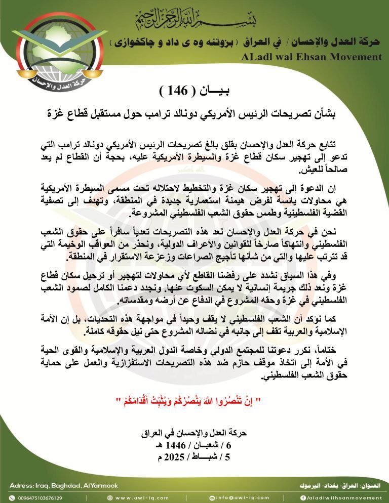 بـيـــان ( 146 ): بشأن تصريحات الرئيس الأمريكي دونالد ترامب حول مستقبل قطاع غزة